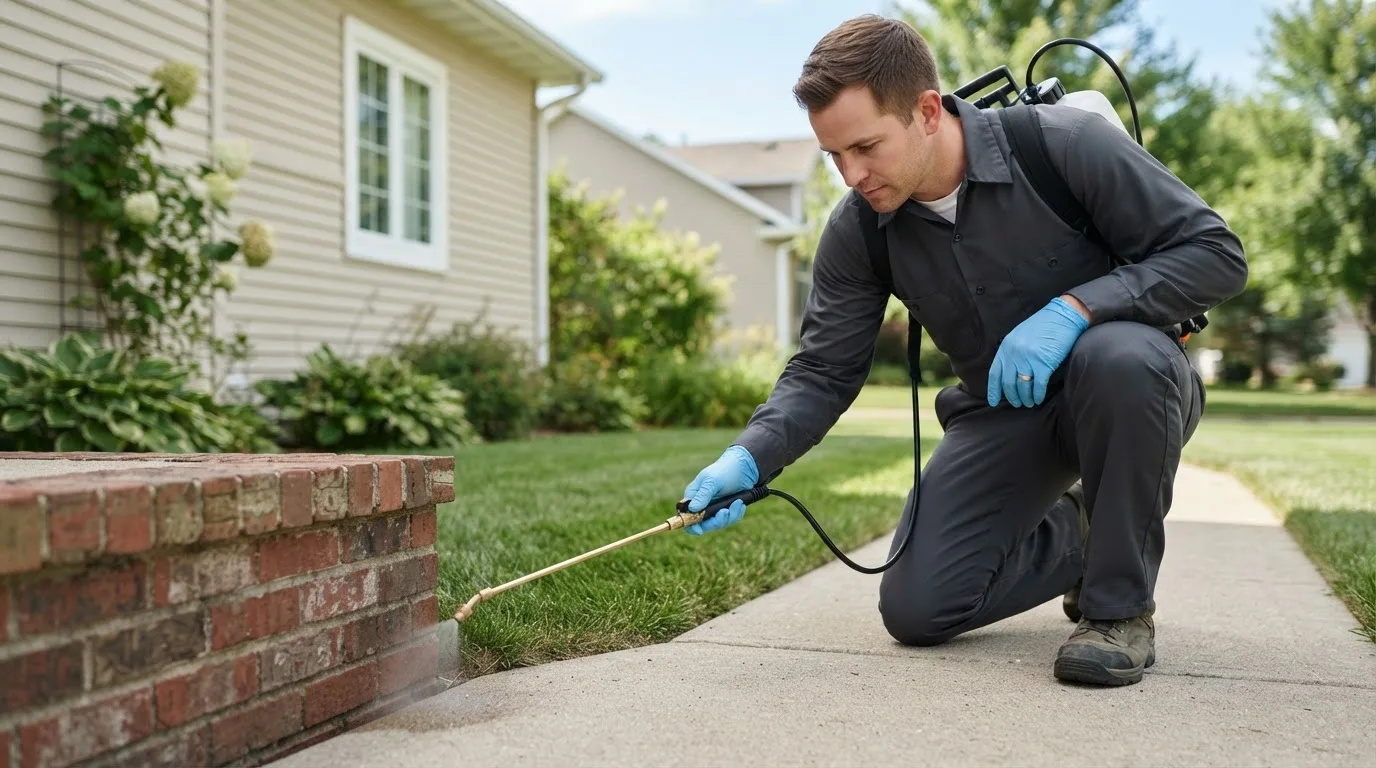 Pest control technician treating a home near Patoka, IN