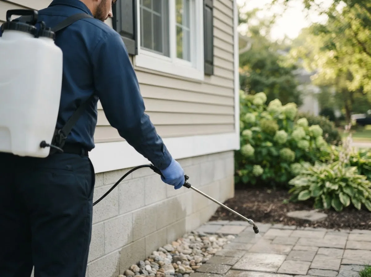 Pest control technician inspecting a home in Patoka, IN